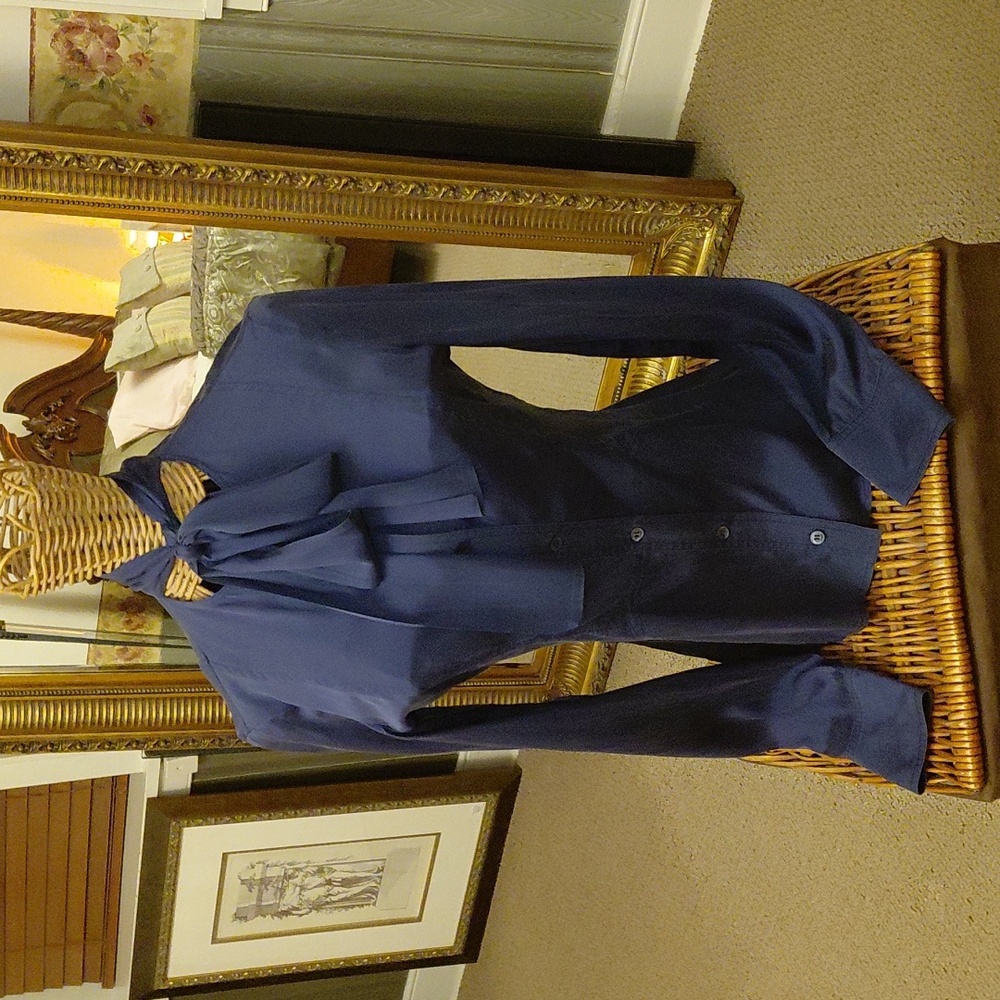 GUCCI VINTAGE DARK BLUE SILK MOCK NECK BUTTON UP XS BLOUSE